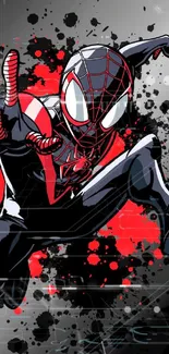 Vibrant comic superhero in action with splashes of red and black background.