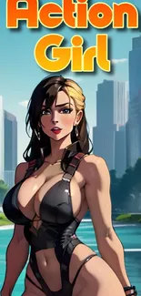 Stylish action girl in cityscape wallpaper.