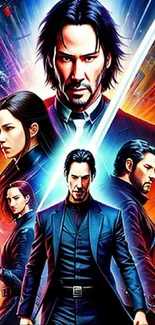 Vibrant action movie poster with dynamic characters and fiery background.