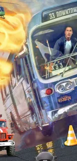 Action-packed wallpaper with bus, fire, and helicopter scene.