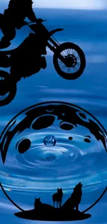 Motocross rider silhouette above water ripple with moon and wolves.