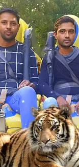 Two people on a ride with a tiger image overlay.