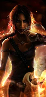 Fierce adventurer in fiery setting wallpaper.