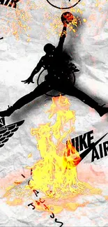 Silhouette of Air Jordan with flaming basketball on a dynamic wallpaper background.