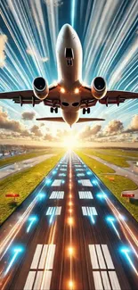 Airplane taking off with dynamic sky view
