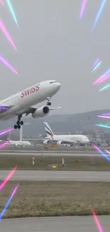 Airplane takes off with neon accents in dynamic airport setting.