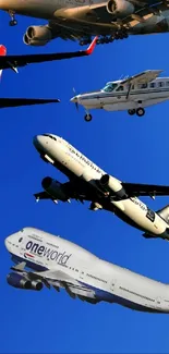 Blue sky with various airplanes in flight; mobile wallpaper.