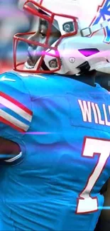 American football player in blue jersey with dynamic background.