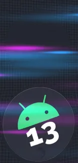 Android 13 glowing neon wallpaper with dark grid.