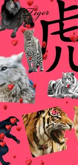 Dynamic wallpaper with animals on red background.