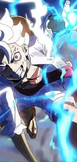 Dynamic anime character with electric blue lightning effects.