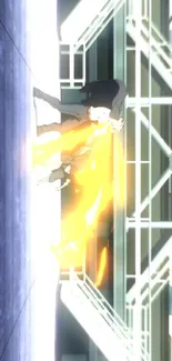 Anime action scene with vibrant colors and dynamic energy explosion.