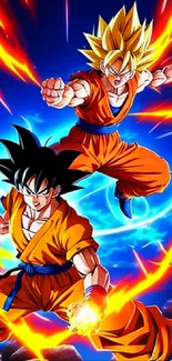 Anime characters in a vibrant action-packed scene with orange energy bursts.