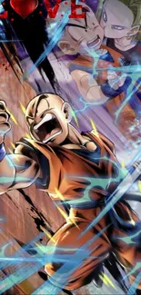 Anime character in electrifying action scene, surrounded by a vibrant blue aura.