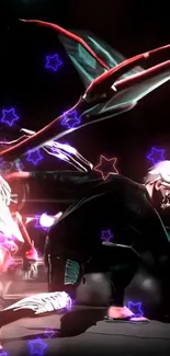 Anime character in action with vibrant colors and stars against a dark background.