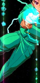 Dynamic anime character in green suit with glowing energy background.