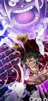 Anime character from One Piece in action pose with purple and red colors.