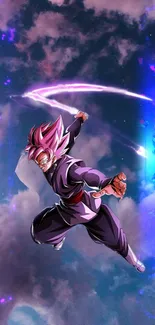 Anime character in dynamic action with vibrant clouds and energy effects.