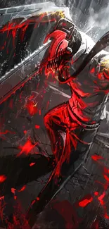 Anime character in action with intense red and dark colors.