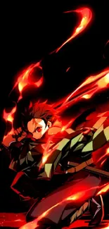 Anime character with fiery effect on black background wallpaper.