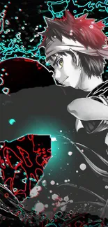 Dynamic anime wallpaper with vibrant cyan and red accents, featuring a character in action.