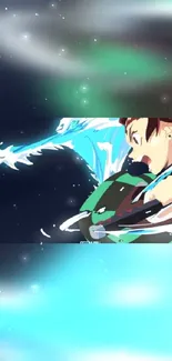 Anime action wallpaper with vibrant cyan and dynamic motion.