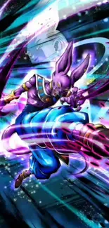 Dynamic anime character with purple energy bursts on a vibrant wallpaper.