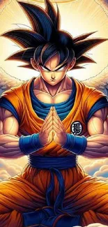 Anime warrior with angel wings in a vibrant background.