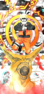 Anime character in orange with dynamic background art.