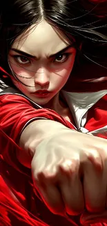 Anime character in red punching forward, creating a dynamic and vibrant scene.