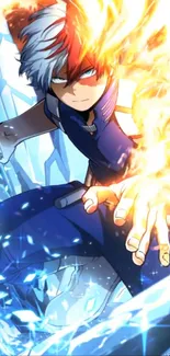 Anime character with fire and ice powers in a dynamic action pose.