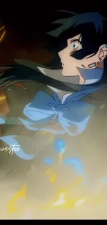 Dynamic anime character with blue hues and a mystical atmosphere.