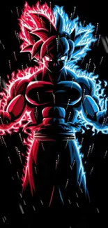 Anime character with red and blue aura, powerful and dynamic on a black background.