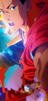 Anime character in red jersey playing basketball energetically.