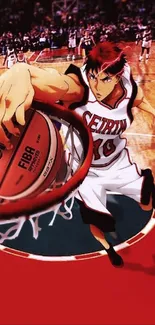 Anime basketball player dunking on court.