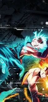 Energetic anime battle scene with vibrant colors and dynamic characters.