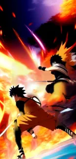 Anime characters in intense fiery battle scene.