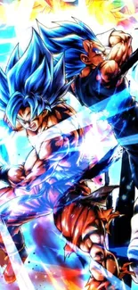 Anime characters in an intense battle with vibrant blue energy.