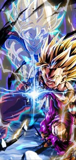 Dynamic anime battle with electric effects.