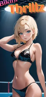 Anime girl in black bikini with beach vibes on mobile wallpaper.