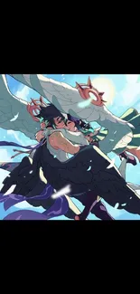 Anime warriors with wings in a colorful sky background.