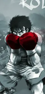 Anime boxer with red gloves in grayscale background.