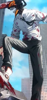 Anime character with chainsaw against a city backdrop.