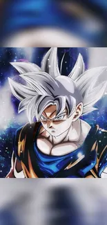 Dynamic anime character with vibrant blue and silver hues.