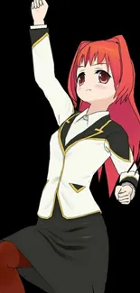 Anime character with red hair and dynamic pose on black background.