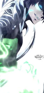 Anime character with glowing design in black and green hues.