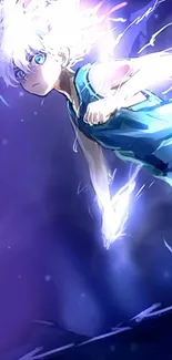 Anime character with electric energy on a dark blue background.