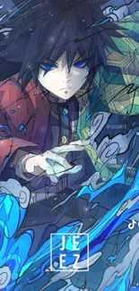 Anime character surrounded by vibrant blue energy in fantasy wallpaper.