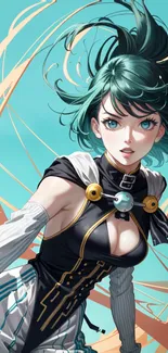 Dynamic anime character with turquoise background.