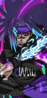 Anime character with electric energy in vibrant purple and blue hues.